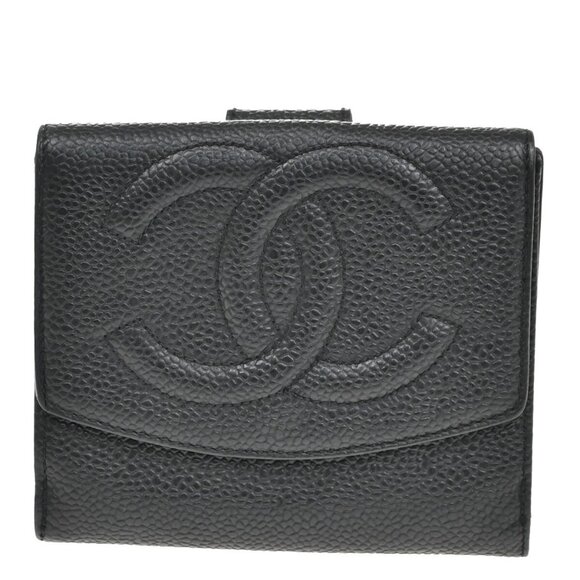 CHANEL CC Logo Compact Wallet Grained Calfskin Leather Black Vintage - Picture 1 of 16